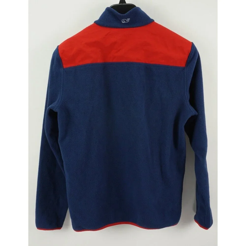 Vineyard Vines Mens Small Blue Red Colorblock Fleece Snap Pullover Whale Sweater